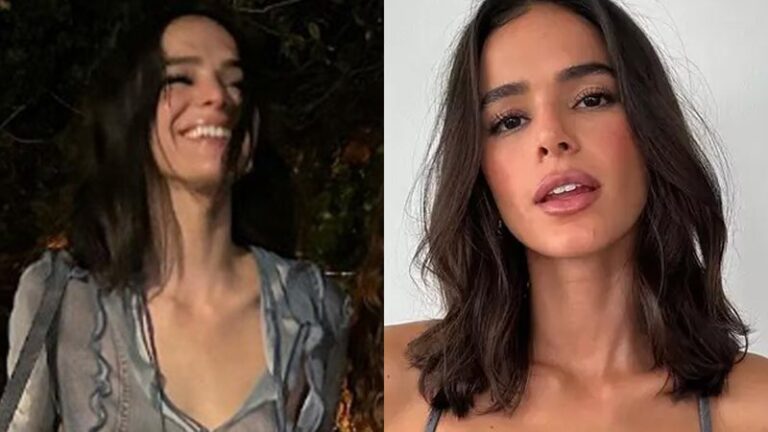 Bruna Marquezine desfila pelos EUA com look transparente sem sutiã