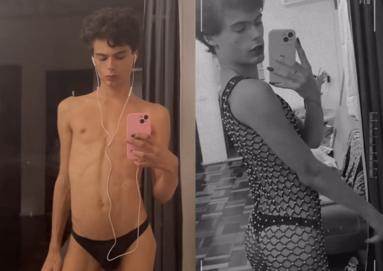 Filho modelo de Luiza Tomé posa de biquíni e vestido da mãe: 'Roupa de novinha'