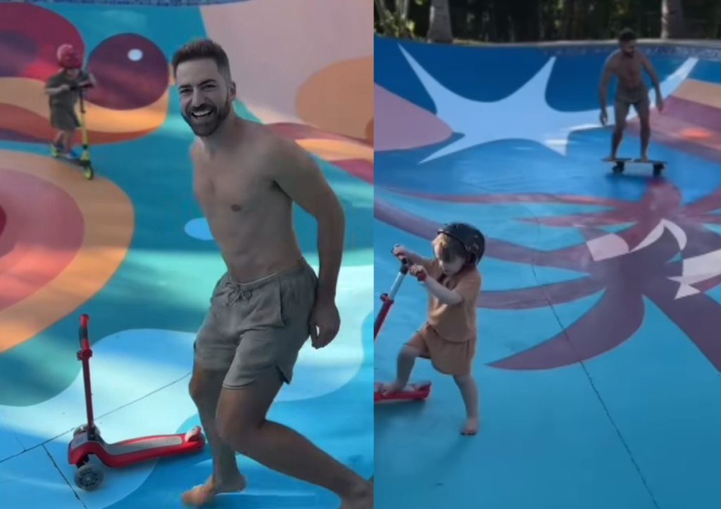 Viúvo de Paulo Gustavo, Thales Bretas anda de skate com os filhos: 'Ensino, aprendo e reaprendo'; vídeo