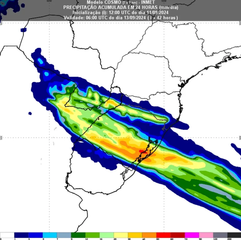 Mapa de calor mostrando a frente fria no Rio Grande do Sul