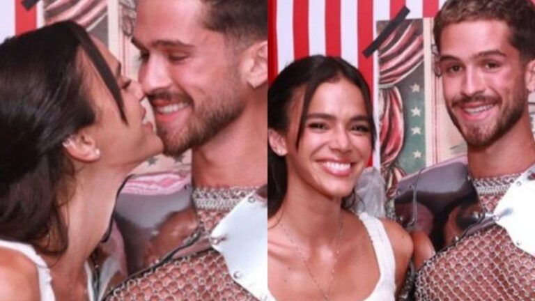 Discretos, Bruna Marquezine e João Guilherme dão beijão em festa