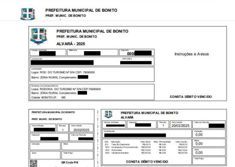 Guias para pagamento de Alvará e ISS já estão disponíveis no site da Prefeitura de Bonito