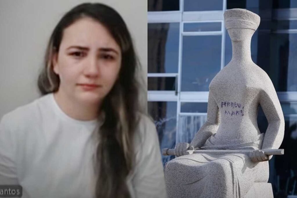'Perdeu, mané': pichadora da estátua da Justiça pede perdão (vídeo)