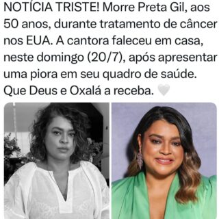 Notícia triste. 
Que Deus e Oxalá a recebam. Nossos sentimentos a Gilberto Gil, toda a família e amigos. 🖤😭